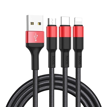 Кабель USB HOCO X26 Xpress 3 в 1 для Lightning, Micro USB, Type-C, 2.0A, 1 м, черный с красным